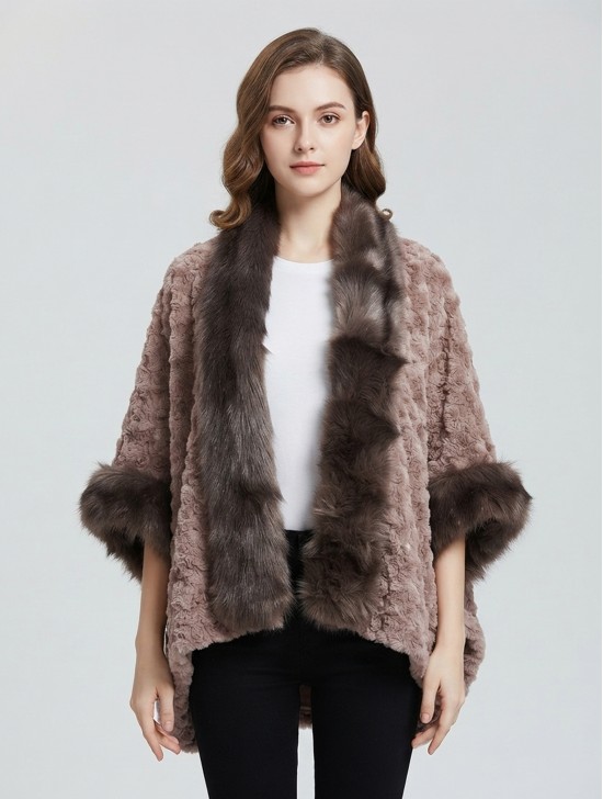 Premium Faux Fur Cape with Rose Imprints & Sleeves